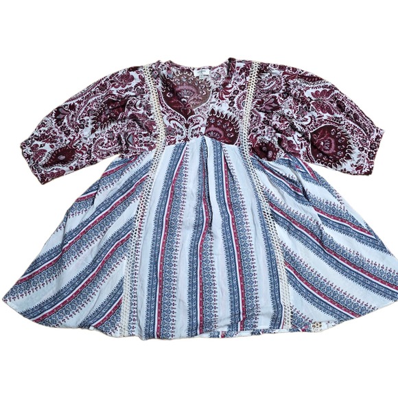 Umgee Dresses & Skirts - Umgee Paisley Stripe Boho Tunic Dress Women's Size Small V Neck 3/4 Sleeve